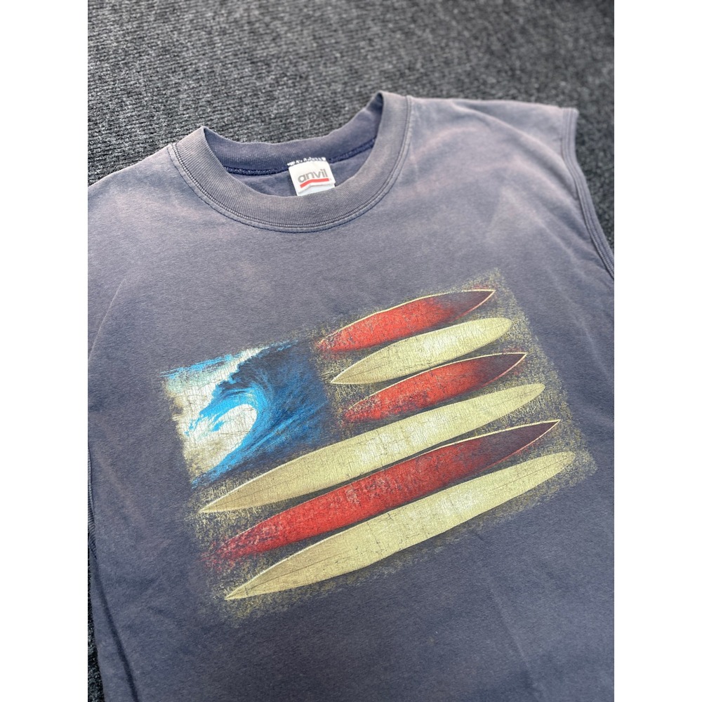 Anvil Muscle Tee Mens M Blue Vintage Surfboard American Flag Surf Grunge Street